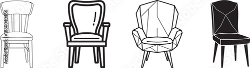 Chair icon collection in thin line, bold outline, geometric angular, rounded minimal, and solid silhouette styles for furniture catalogs, interior UI, and home design projects