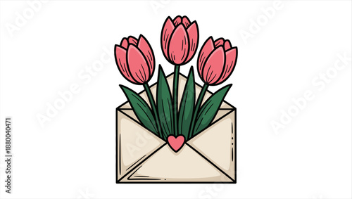 Lovely pink tulips emerging from a heartwarming message envelope