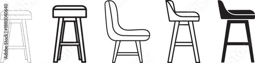Modern stool and bar chair icon collection in thin line, bold outline, rounded minimal, colored and solid black styles for furniture, interior design, e‑commerce and UI systems