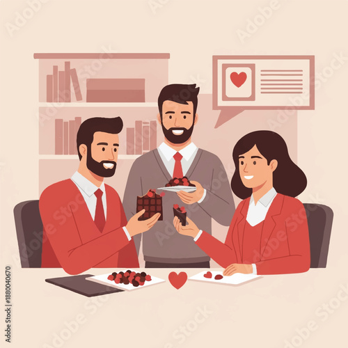 Couple exchanging gifts with a man standing between them holding a wrapped present in a cozy living room setting from a slightly elevated viewpoint