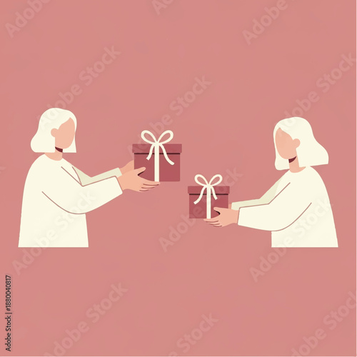 Two women exchanging gifts with each other in a gesture of friendship and kindness