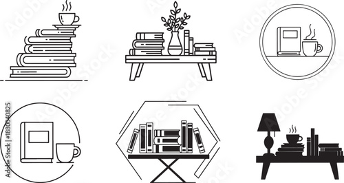 Minimal cozy reading corner icon set showing books, coffee cup, table, lamp and shelf in multiple outline and filled styles for lifestyle, home decor, library, café, and UI design usage