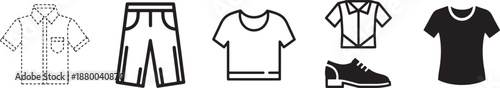 Clothing and fashion icon pack featuring shirts, pants, shoes, and apparel silhouettes in outline and solid styles for ecommerce and UI projects