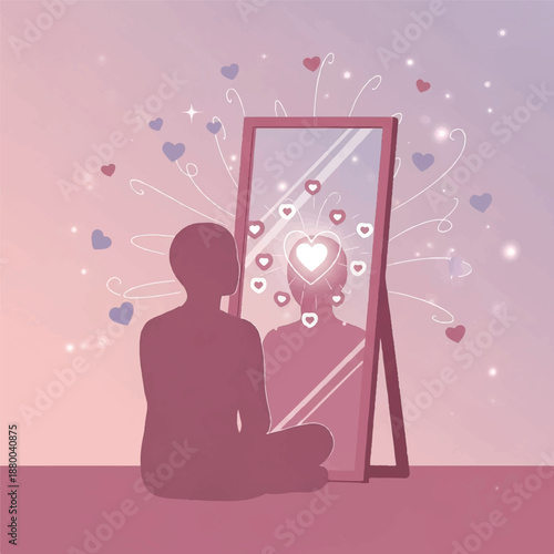 Person meditating in front of a mirror with hearts and sparkles surrounding their reflection