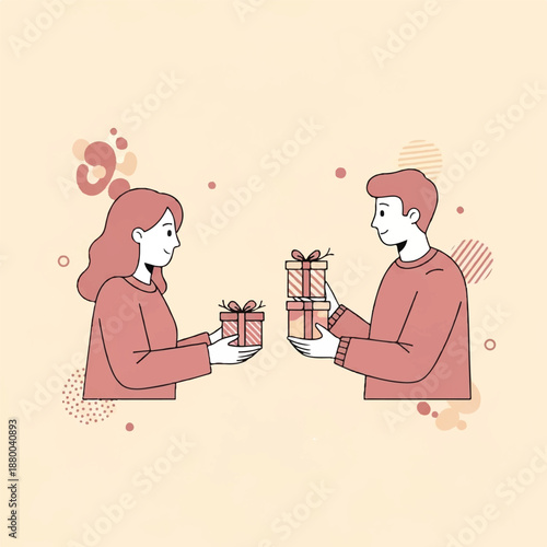 Man and woman exchanging gifts in a gesture of mutual appreciation and affection, vector illustration