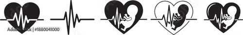 Heart and pregnancy heartbeat icon set with baby silhouette in flat, outline, bold, and minimal styles for maternity, medical, family, and health awareness designs