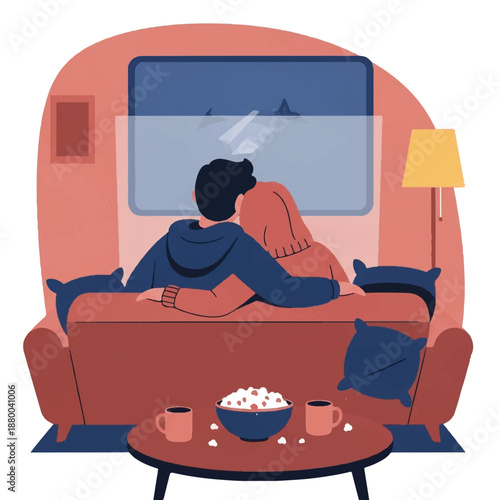 Couple snuggles on a couch watching a movie together at home on a relaxing evening indoors with a cozy atmosphere