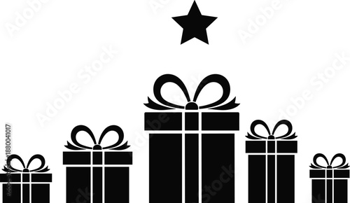 Black gift box silhouette set with ribbon bows and star symbol isolated on white background representing rewards celebration loyalty bonuses holidays and promotional design concept