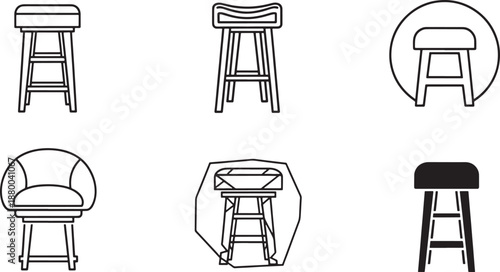 Stool and Chair Furniture Icons – Modern Seating Variations Outline Vector Illustration