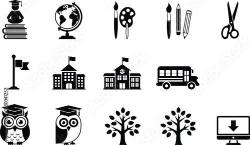 Black education icon set featuring school supplies buildings transport and learning symbols isolated on white background for academic design infographic and web use