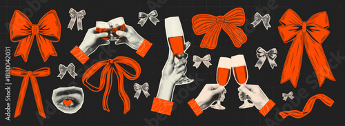 A romantic retro-style halftone collage set featuring red and black bows, ribbon elements, hands toasting with champagne glasses, and lips with a heart symbol. Perfect for Valentine's Day.