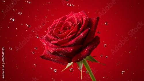 A close up of a vibrant red rose with water droplets against a rich deep red background evoking romance