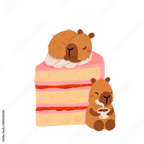 Cute capybara with cakes and desserts vector set, kawaii sleeping capybara characters with strawberry cake, bakery sweets. Cozy food illustrations for birthday, cafe and stickers