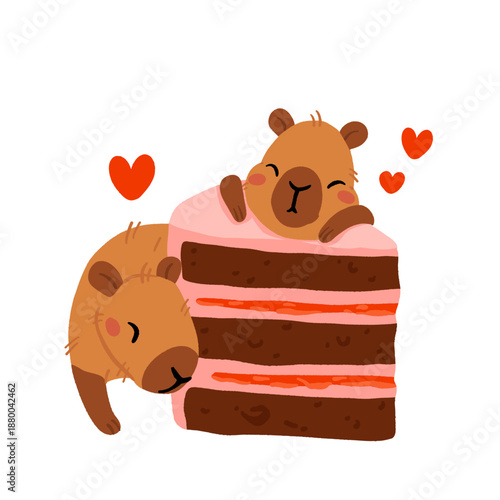 Cute capybara with cakes and desserts vector set, kawaii sleeping capybara characters with strawberry cake, bakery sweets. Cozy food illustrations for birthday, cafe and stickers