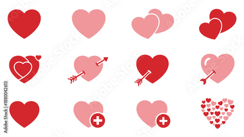 Collection of Red and Pink Heart Icons for Valentine's Day and Love Concepts