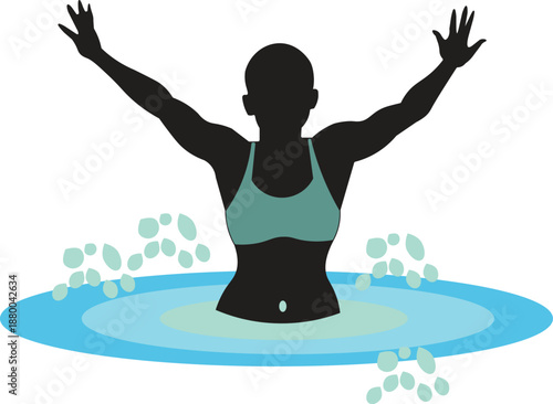 Dynamic silhouette of a woman enjoying water fitness or celebration with arms raised high