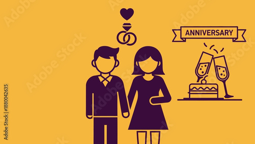 Anniversary Couple Holding Hands with Rings, Cake, and Champagne