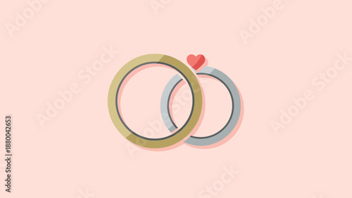 Wedding Rings With Heart Icon, Marriage Symbol, Love Concept, Flat Design