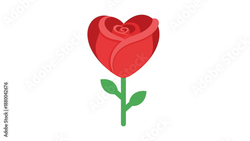 Red Heart Rose Flower with Green Stem and Leaves on White Background