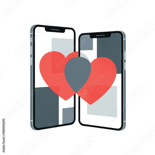 Two smartphones displaying a red heart symbolizing love and connection between people through technology
