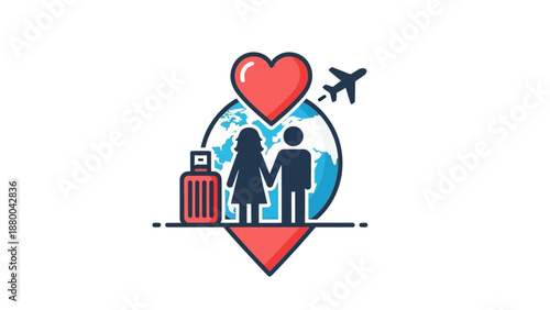 Couple Travel Icon: Love, Globe, Airplane, Luggage, Destination Marker