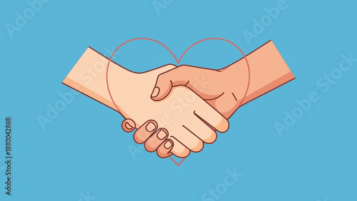 Two hands shaking, heart outline, symbolizing trust, partnership, and connection