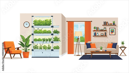 Modern vector illustration of vertical farming inside an urban building, smart city agriculture and food production concept..eps