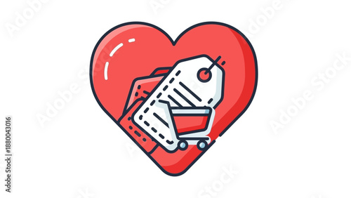 Love Shopping Heart Icon with Tag and Cart - Online Retail Concept