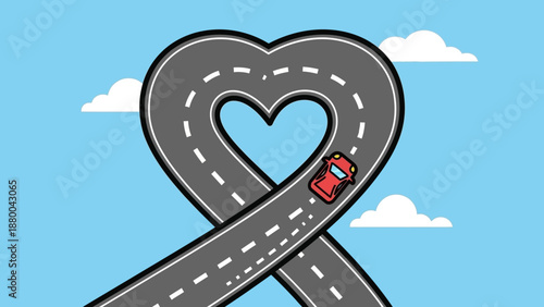 Heart Shaped Road with Red Car Driving, Love Travel Concept