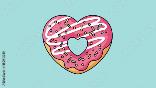 Heart Shaped Donut with Pink Frosting and Sprinkles on Blue Background