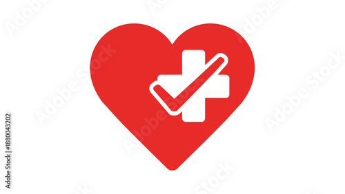 Red Heart with White Medical Cross and Check Mark Icon