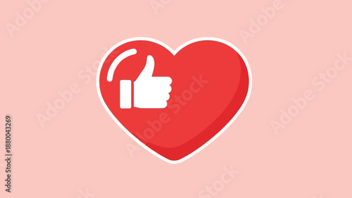 Red Heart with Thumbs Up Icon on Pink Background - Social Media Approval