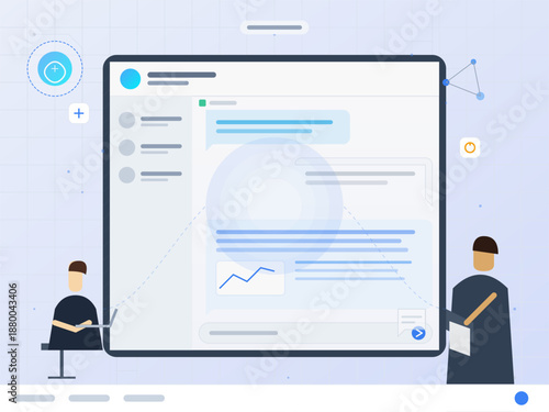 Two individuals interact with a large digital screen displaying chat messages and data visualizations in a contemporary office environment. The setting emphasizes collaboration and technology.