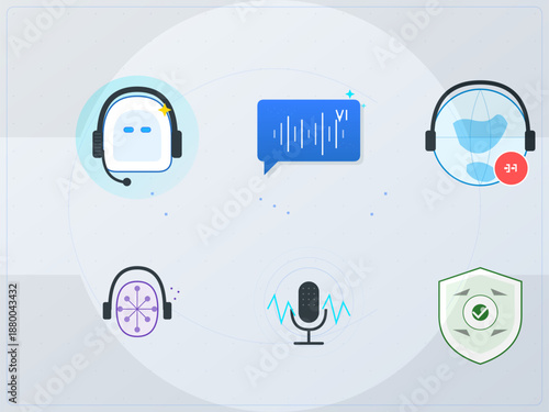 Different icons depict voice assistant technology. Features include a microphone, audio wave, and headset showing interaction with artificial intelligence systems.