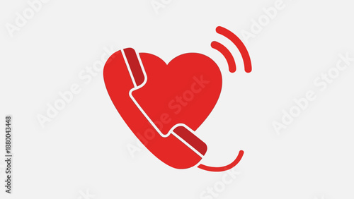 Red Heart Shaped Phone Receiver Icon with Sound Waves