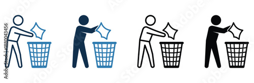 People throwing papers into trash cans in different colors and styles