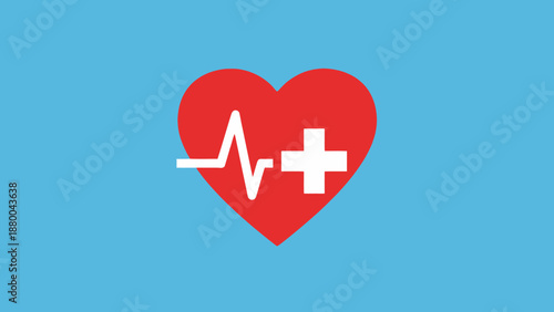 Red Heart with Pulse Line and Medical Cross Icon on Blue Background