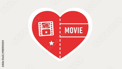 Heart shaped movie ticket with film reel and star icon, love cinema concept