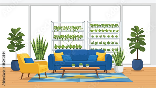 Modern vector illustration of vertical farming inside urban building, modern agriculture and smart city food production concept..eps