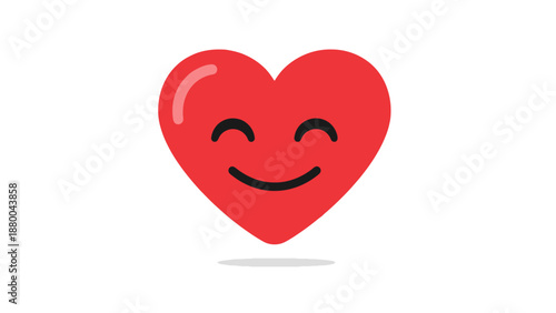 Happy Heart Icon with Smiling Face and Glossy Shine on White Background