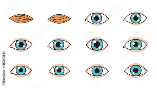Vector illustration of a set of blue cartoon eyes showing different female eye expressions with makeup details in a clean icon style