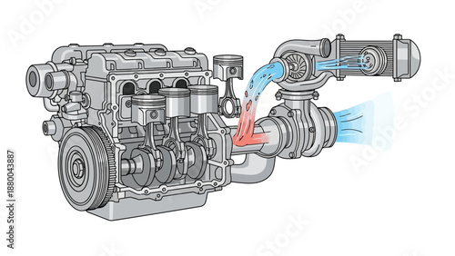 Car engine isolated on white background showing metal automotive machine parts and mechanical technology