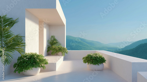 Minimalist white modular balcony with green potted plants and palm leaves overlooking a serene landscape of rolling blue mountains under a clear sky