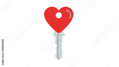 Red Heart Key Isolated on White Background, Symbol of Love and Access