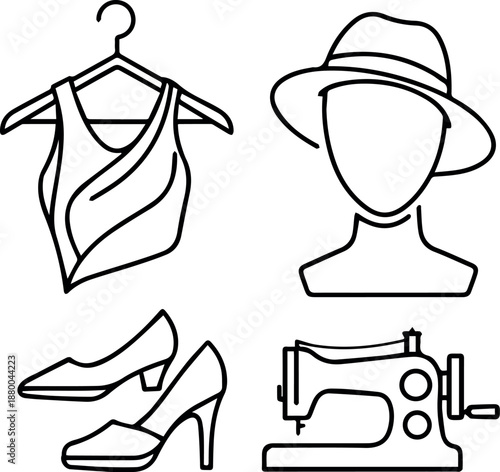 A detailed outline icon displays a fashion collage: top on hanger, hat, high heels, and sewing machine, highlighting current trends.