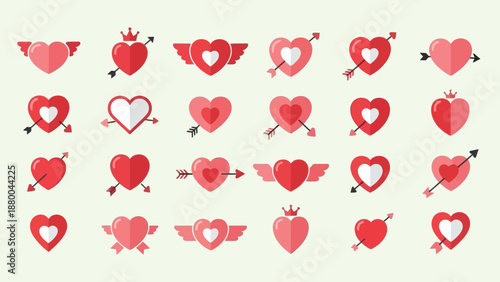 Collection of Red Pixel Heart Icons with Arrows and Wings for Valentine's Day