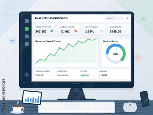 A computer monitor shows an analytics dashboard featuring total revenue, active users, conversion rate, and market share. The data includes visual graphs and statistics for a business.