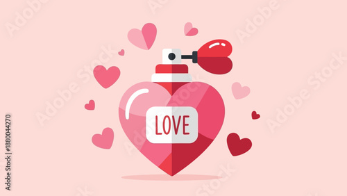 Heart Shaped Perfume Bottle with "Love" Label and Floating Hearts