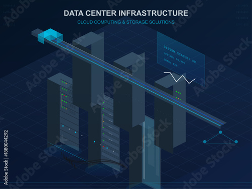 This vector illustration depicts a data center with servers, cloud computing visuals, and storage solutions represented in a sleek, modern design.