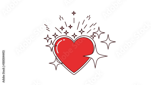 Sparkling Red Heart Icon with Stars and Rays, Love Symbol